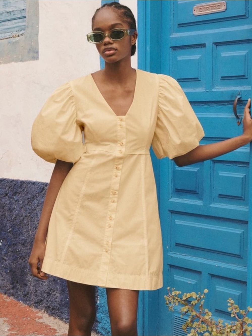 English Factory Yellow Puff Sleeve Button Front Mini Dress Size S
